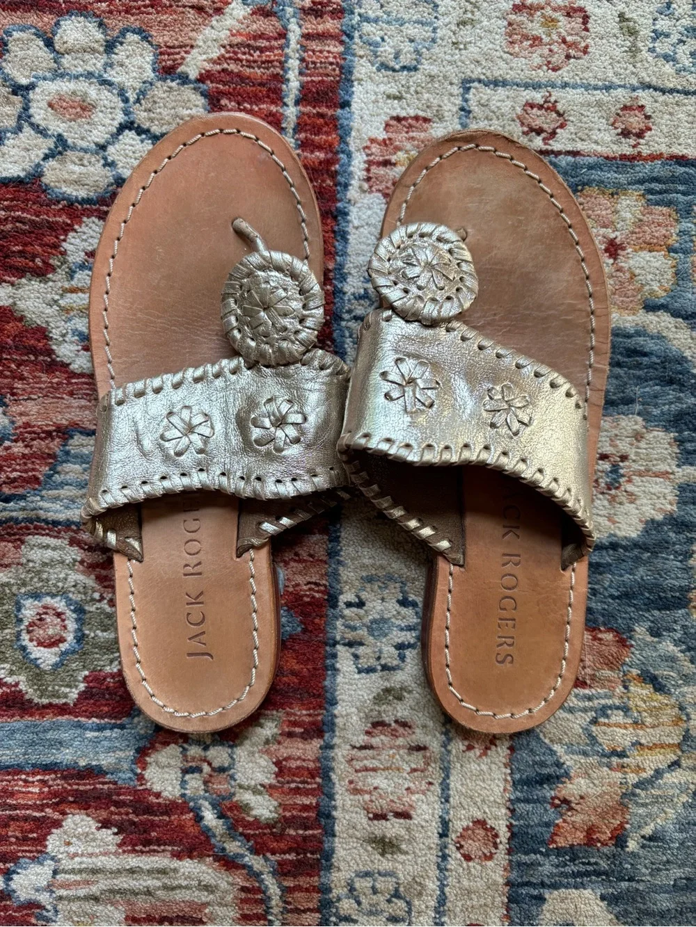 Jack Rogers Kids Jacks Flip Flops Platinum Gold Leather Sandals size 1